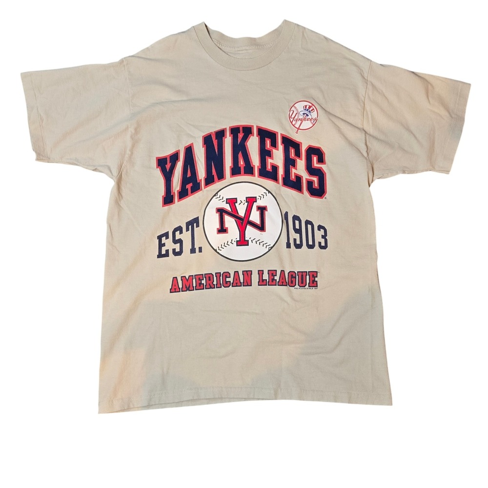 Vintage 90s New York Yankees MLB Baseball T Shirt Pro Player Tan Mens Large?